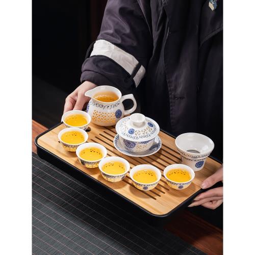 玲瓏鏤空蜂窩茶具套裝家用客廳陶瓷蓋碗茶壺泡茶用品功夫茶杯組合|整套