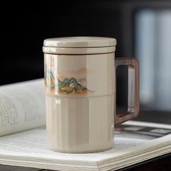 草木灰陶瓷茶杯帶蓋馬克杯辦公室泡茶杯家用過濾杯千里江山喝水杯