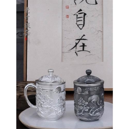 銀杯子純手工999足銀水杯雙層隔熱帶蓋純銀泡茶咖啡辦公室馬克杯