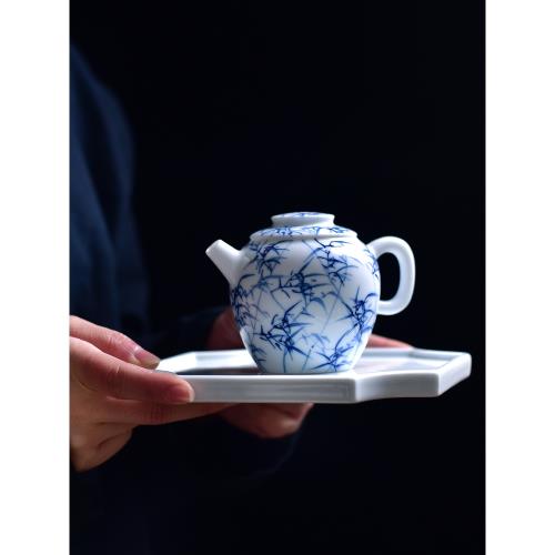 青花竹影陶瓷茶壺景德鎮釉下手繪竹子功夫茶具家用過濾泡茶壺過濾