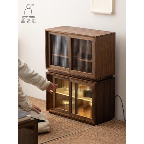 品瓷匯黑胡桃木茶桌收納柜滑軌防塵儲物柜小型中式家用玻璃展示柜|茶道