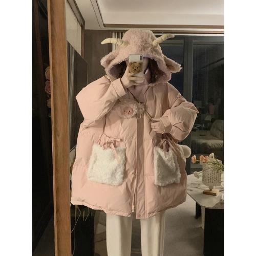 粉色多巴胺羽絨棉服女冬季加厚抽繩收腰可愛羊羔毛甜美學院風棉襖