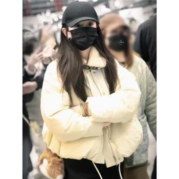 楊冪同款短款羊羔毛拼接翻領白色麵包羽絨服棉衣外套女冬爆款棉服