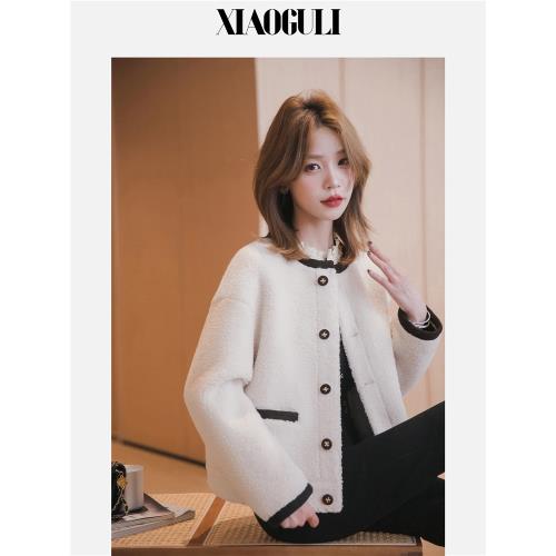 小谷粒顆粒絨短外套女2024冬新款設計感撞色圓領加厚皮毛一體上衣