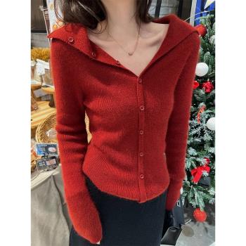 法式氣質紅色翻領打底針織開衫女秋冬高階感毛衣內搭短款長袖上衣