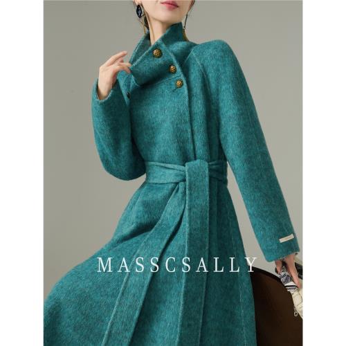 高級感立領系帶雙面呢羊絨大衣女2024冬季新款氣質羊毛呢子外套