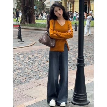 早秋韓系穿搭橘色不規則修身內搭打底衫毛衣女小個子外搭針織上衣