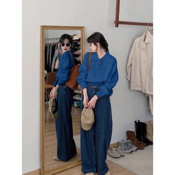 高階感藍色polo領奶fufu慵懶套頭毛衣女秋冬加厚小個子針織衫上衣