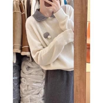 深秋初冬穿搭娃娃領假兩件白色毛衣女秋冬甜美內搭打底針織衫上衣