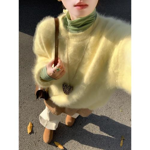 黃色水貂毛圓領厚毛衣女秋冬高級感超好看韓系馬海毛針織寬松上衣