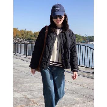 黑色菱形格短款羽絨棉襖外套女秋冬小香風冬天獨特超好看棉衣棉服