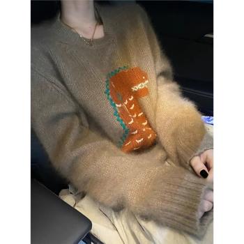 美拉德浣熊絨套頭毛衣女秋冬冬季羊毛加厚內搭打底針織衫保暖上衣