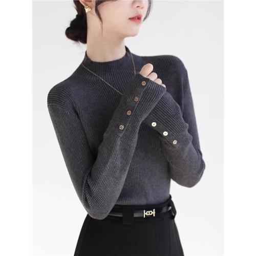 高級感深灰色半高領針織衫女2025秋冬好看洋氣上衣內搭毛衣打底衫