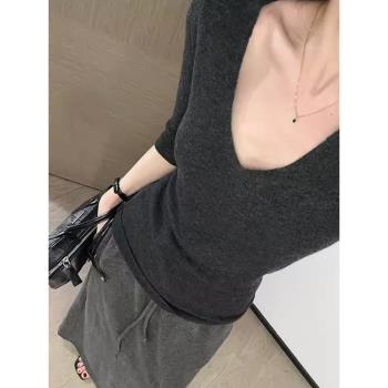 深灰色大領口羊毛修身打底衫毛衣女秋冬內搭可外穿小個子針織上衣