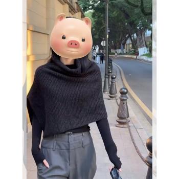 黑色高領針織圍巾女秋冬季厚高級感疊穿開叉披肩斗篷圍脖上衣短款