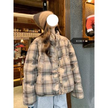 大碼超好看復古格子短款羽絨棉服女秋冬季新款加厚保暖麵包服外套