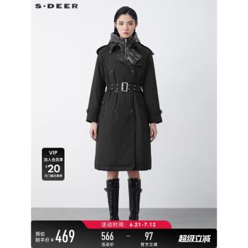 sdeer聖迪奧冬裝個性高領連帽雙排扣收腰長款羽絨服女S21482425