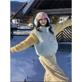 網紅爆款藍色格紋綁帶保暖羽絨棉服馬甲女2024新款秋冬季背心外套