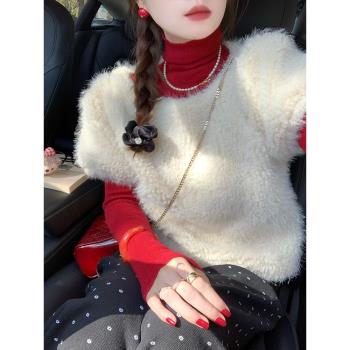高階感內搭紅色羊絨高領針織衫女秋冬疊穿毛衣打底衫短款長袖上衣