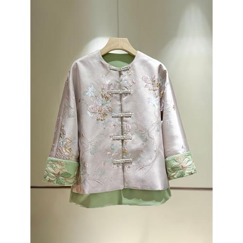織金提花粉色新中式外套女2024春裝新款重工刺繡改良國風盤扣上衣