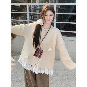韓系甜美蕾絲拼接針織開衫女大碼胖mm秋冬長袖立體花朵設計感毛衣