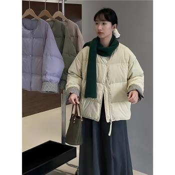 圓領格子撞色麵包羽絨服女冬季設計感小眾短款時尚洋氣小個子韓版