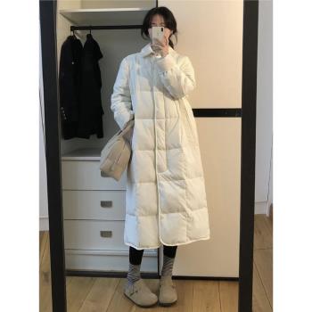 韓版燈芯絨翻領拼接羽絨棉服女2024冬季長款過膝加厚保暖大碼外套