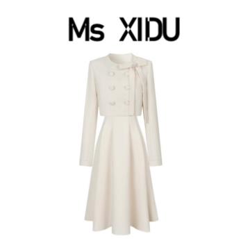 Ms XIDU 南洋富家千金秋季法式珍珠蝴蝶結A字廓形長半裙時尚套裝