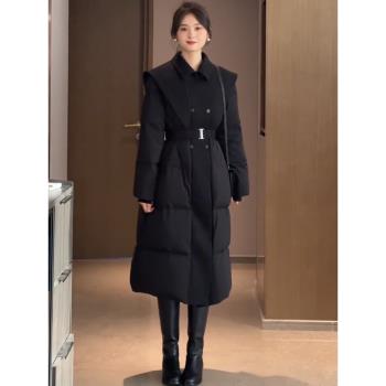 90白鴨絨中長款羽絨服女款冬季2024新款韓版翻領拼接收腰外套大衣