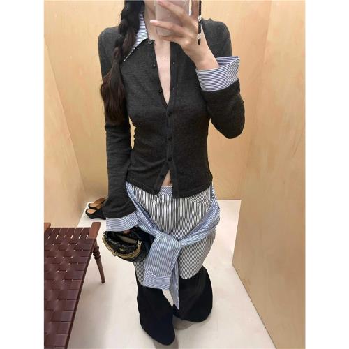 設計感假兩件拼接條紋針織衫女秋季修身短款polo領長袖開衫上衣