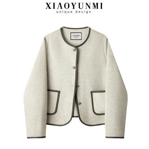 小云米新款呢子上衣韓系ins撞色皮設計感小香風簡約雙面呢短外套