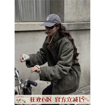 JMwomen格林系綠 復古羊羔毛燈芯絨外套女2024冬加厚寬松上衣
