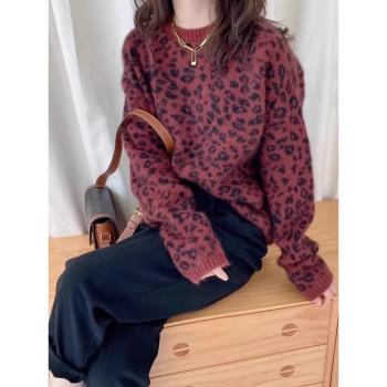 2024年秋季新款哥特式聖誕主題衣服紅色浣熊絨豹紋毛衣女秋冬上衣