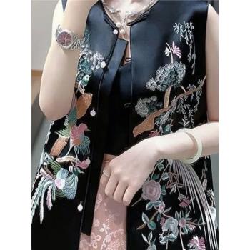 中國風高階感重工刺繡唐裝大碼女裝上衣秋冬裝新中式醋酸馬甲外套