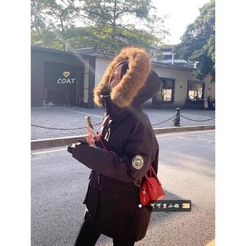 黑色大毛領工裝棉服女冬季新款時尚加絨加厚保暖棉衣中長款派克服