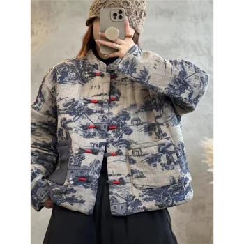日系高階外貿水墨畫印花寬松棉服女裝小立領長袖復古盤扣棉衣外套