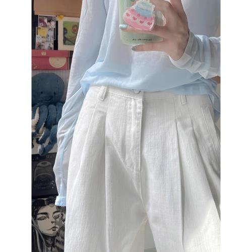 奶白色棉麻闊腿褲女新款夏休閑褲寬松顯瘦垂感質感不透窄版直筒褲