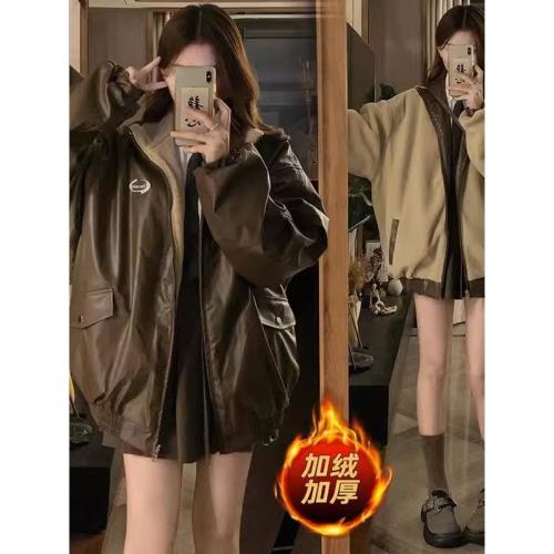 美拉德風pu皮衣兩面穿羊羔毛外套女冬季2025新款加絨加厚機車棉服