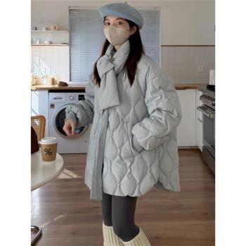 Wuli 24冬韓版圍巾領菱形羽絨服女寬松加厚白鴨絨小個子保暖外套