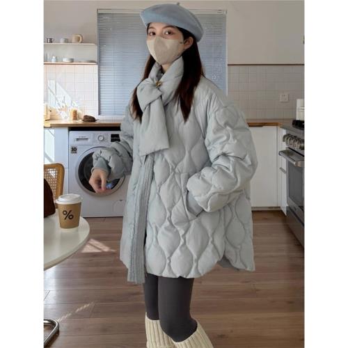 Wuli 24冬韓版圍巾領菱形羽絨服女寬松加厚白鴨絨小個子保暖外套