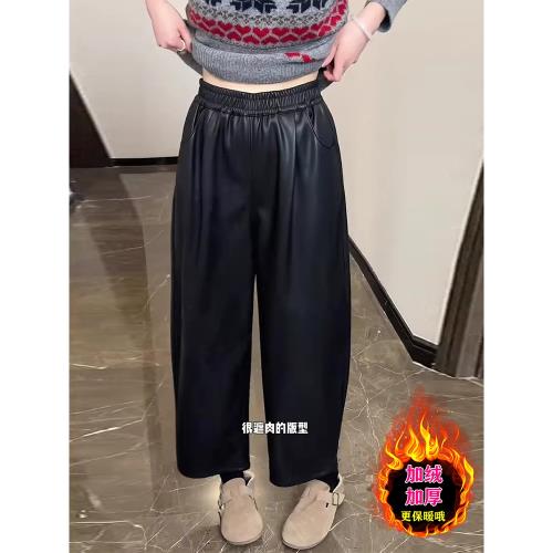 秋冬新款黑色皮褲女大碼梨型身材遮胯顯瘦胖妹妹mm哈倫九分休閑褲