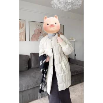 白色格子中長款羽絨棉服外套女2024新款冬季加厚保暖防寒棉襖棉衣