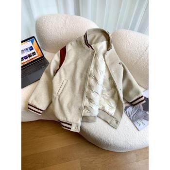 棒球服夾白鴨絨短款外套毛呢料女冬季加厚2024字母刺繡羽絨服白色