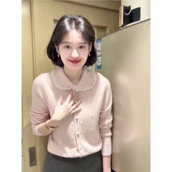 溫柔風粉色重工釘珠娃娃領針織衫秋冬季甜美減齡浣熊絨軟糯毛衣女