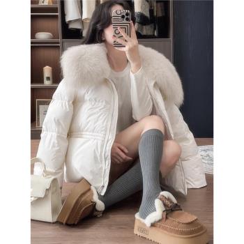 富貴千金重工超大真狐貍毛領羽絨服女冬高級感收腰白鵝絨皮草外套