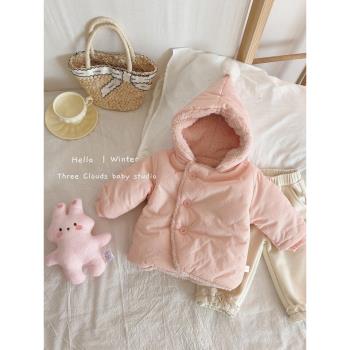 新生兒上衣冬季嬰幼兒加絨加厚保暖外套男女寶寶純色百搭棉衣套裝