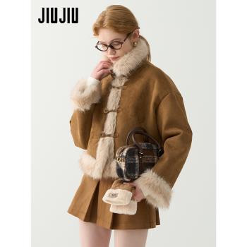 JIUJIU復古麂皮絨外套女冬季2024新款加厚保暖短款皮毛一體上衣