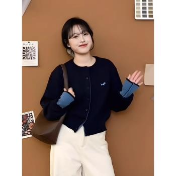韓系洋氣刺繡圓領針織開衫女冬季新款設計感減齡顯瘦百搭長袖上衣