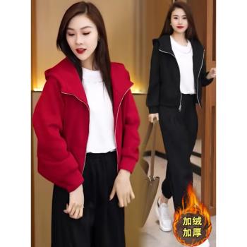小個子加絨加厚短款外套女士連帽衛衣2024秋冬裝新款時尚休閑上衣