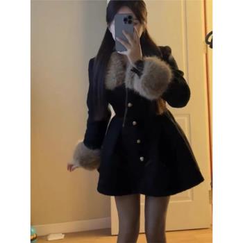 小香風可拆卸毛呢外套女秋冬季收腰顯瘦黑色加厚夾棉斗篷棉服大衣
